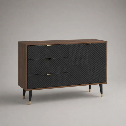 Buffet rectangulaire en bois et métal avec 1 porte et 3 tiroirs, noir, brun noyer et doré, 120 × 40 × 80 cm