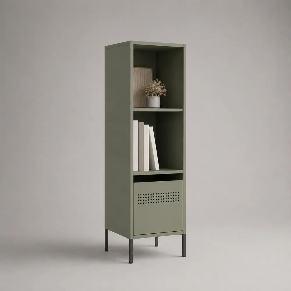 Colonne de rangement en acier à 2 niches et porte perforée, vert sauge et gris anthracite, 40 x 35 x 140 cm