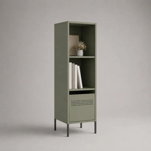 Colonne de rangement en acier à 2 niches et porte perforée, vert sauge et gris anthracite, 40 x 35 x 140 cm