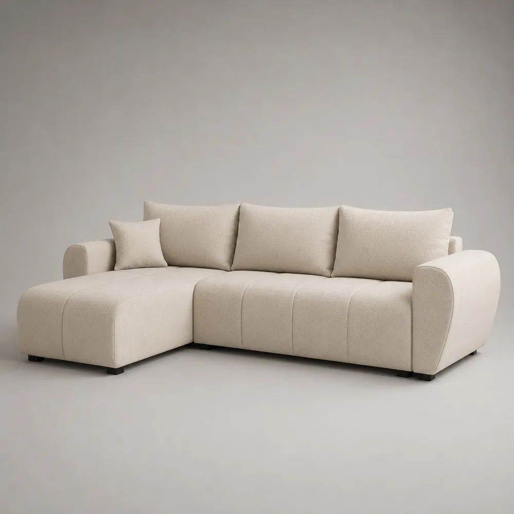 Canapé d’angle 4 places en tissu bouclette écru avec méridienne gauche, 250 × 160 × 85 cm