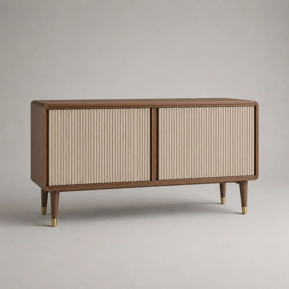 Buffet bas rectangulaire en MDF plaqué noyer avec 2 portes coulissantes, marron noyer et beige, 120 × 40 × 70 cm