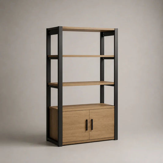 Buffet-étagère rectangulaire à 2 portes en bois et acier, chêne naturel et noir, 100 × 35 × 180 cm