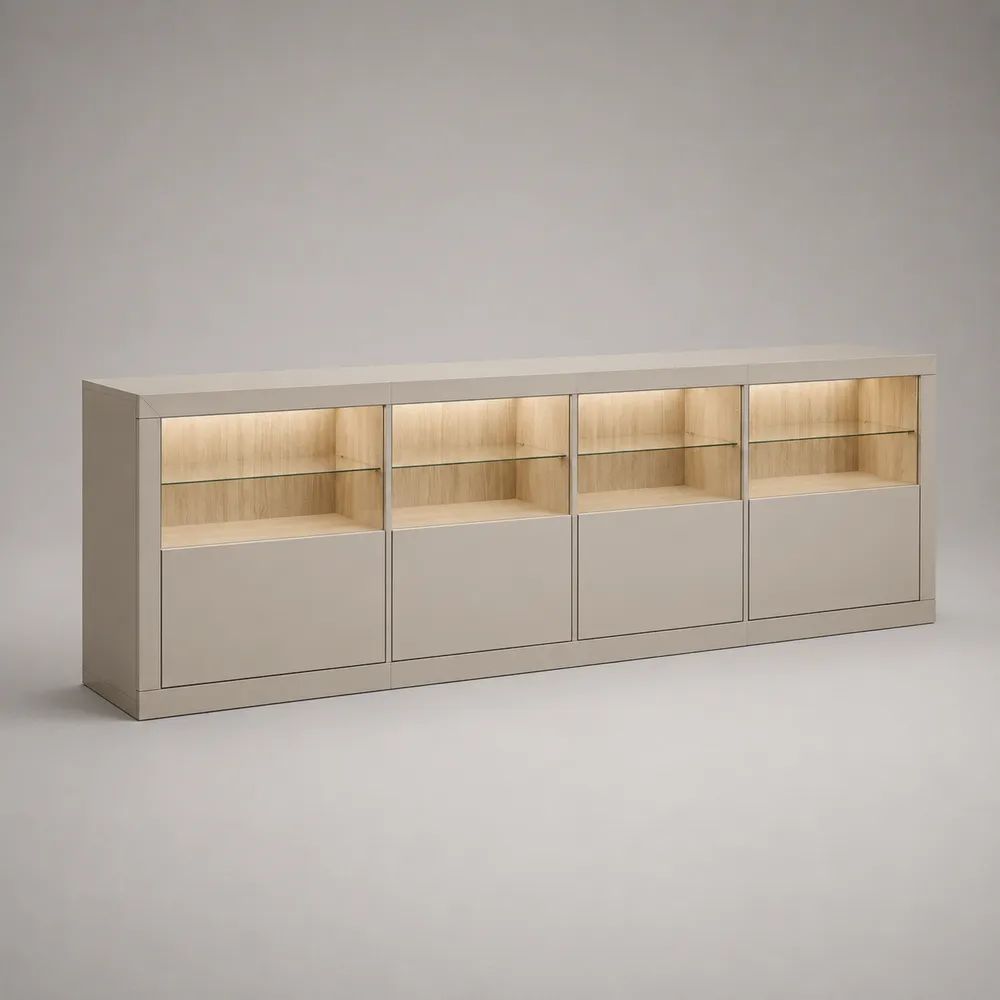 Buffet bas rectangulaire 4 portes avec niches éclairées LED, panneaux mélaminés et verre, beige taupe et chêne clair, 240 × 40 × 90 cm
