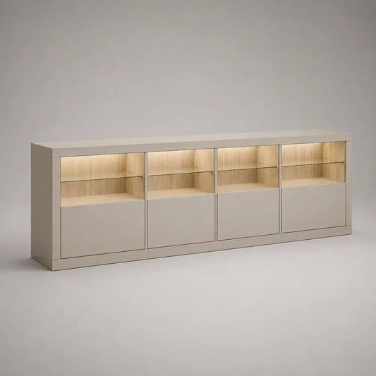 Buffet bas rectangulaire 4 portes avec niches éclairées LED, panneaux mélaminés et verre, beige taupe et chêne clair, 240 × 40 × 90 cm