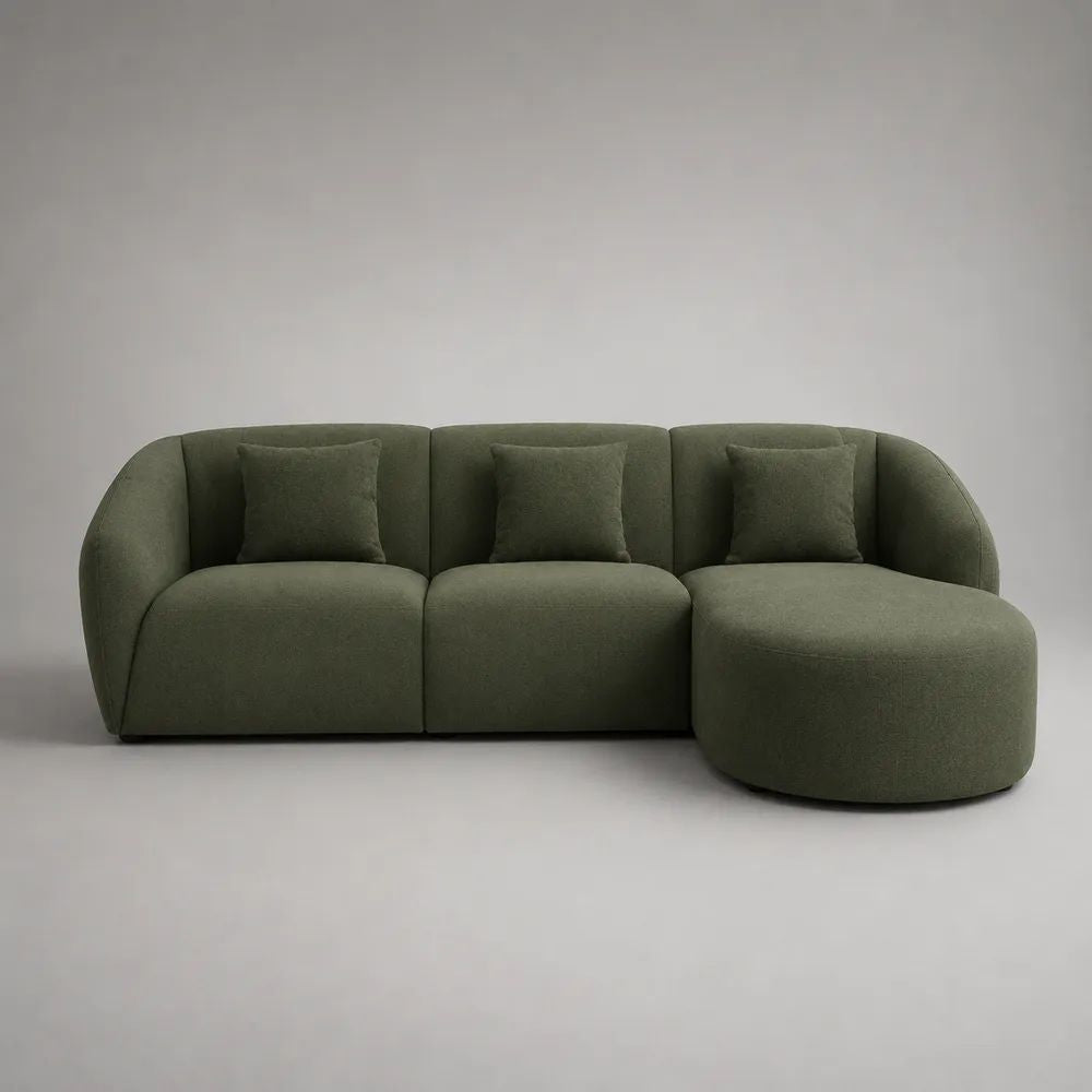 Canapé d’angle 3 places en tissu bouclé vert olive avec méridienne droite, 250 × 160 × 75 cm