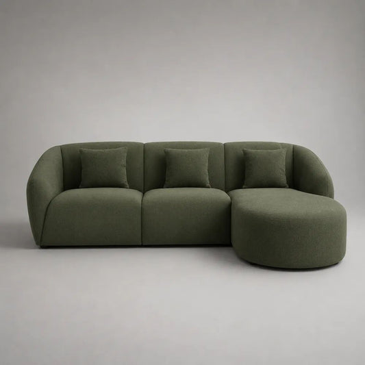 Canapé d’angle 3 places en tissu bouclé vert olive avec méridienne droite, 250 × 160 × 75 cm