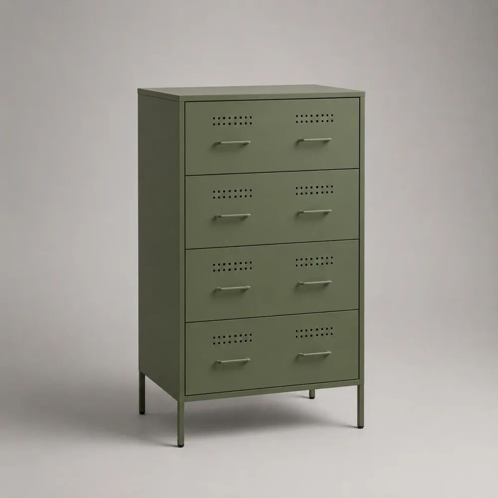 Buffet haut en acier vert olive à 4 tiroirs, 70 x 35 x 130 cm