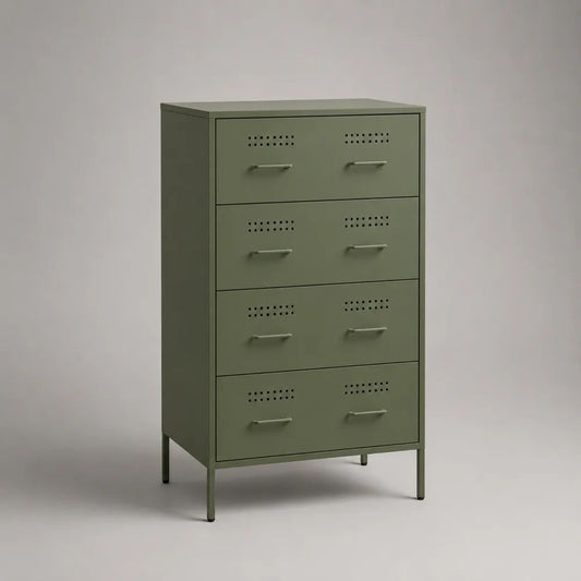 Buffet haut en acier vert olive à 4 tiroirs, 70 x 35 x 130 cm