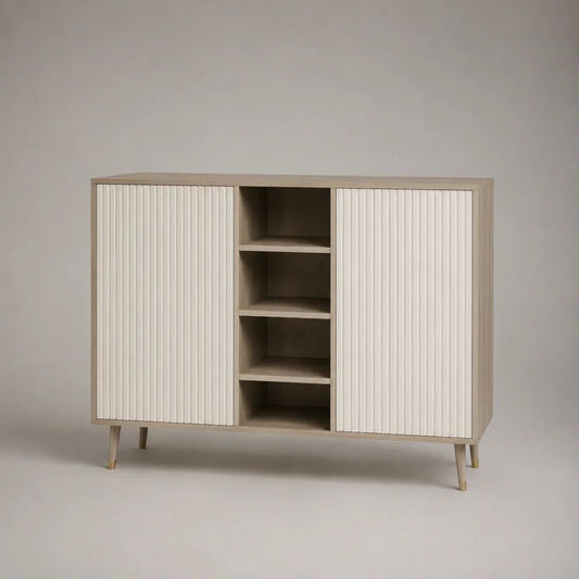 Buffet rectangulaire en bois, 2 portes rainurées et 4 niches, chêne clair et blanc cassé, 120 × 40 × 90 cm