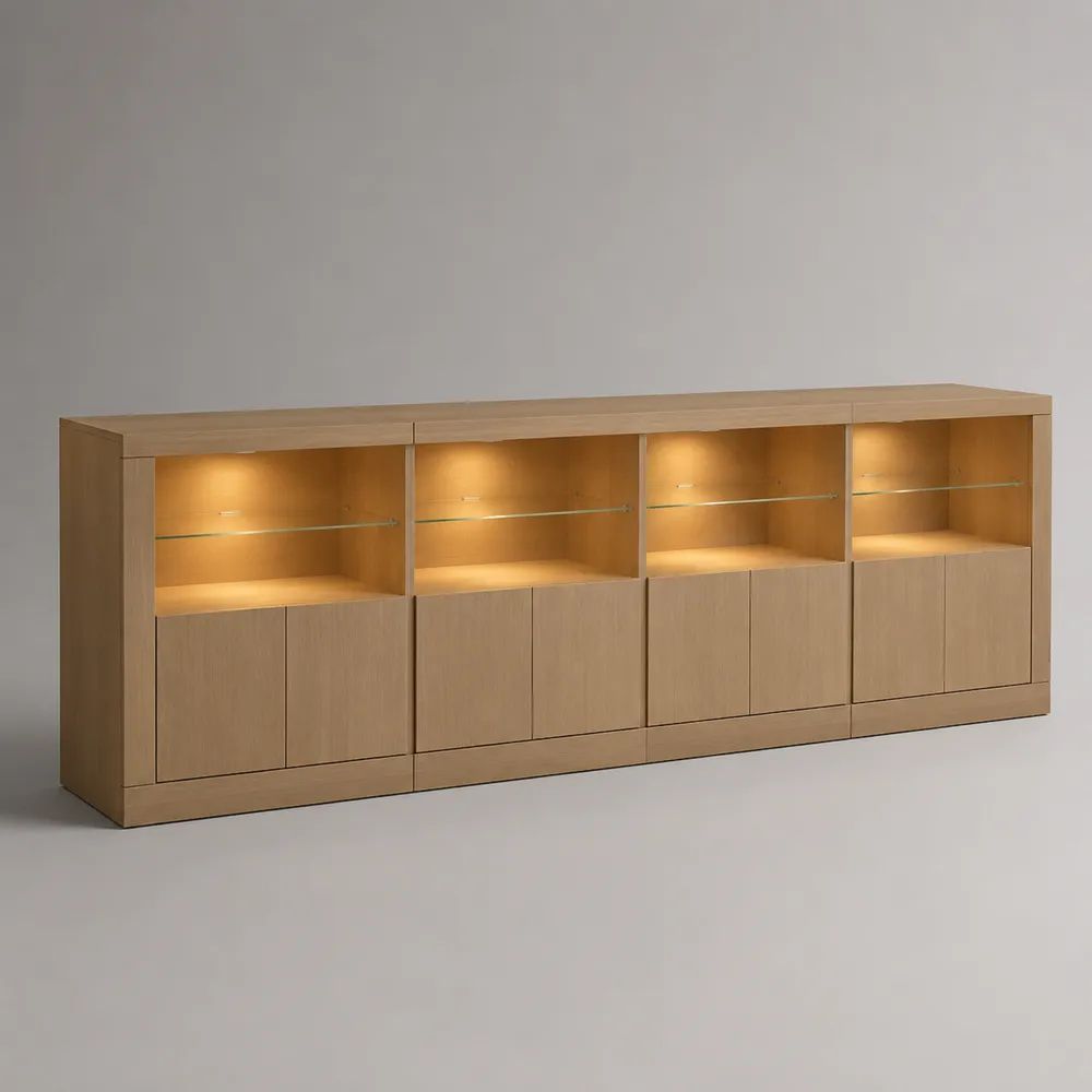 Buffet bas en bois et verre avec éclairage LED, 8 portes, chêne naturel, 240 x 42 x 95 cm