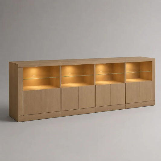 Buffet bas en bois et verre avec éclairage LED, 8 portes, chêne naturel, 240 x 42 x 95 cm